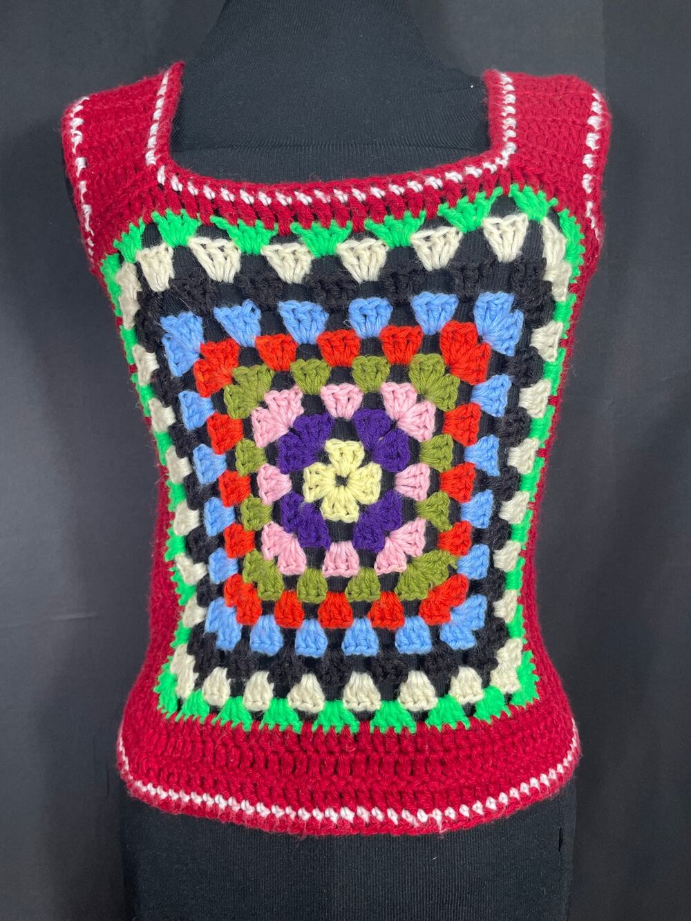 Vintage 70's Handmade Multicolored Crochet Knit Granny Square Sweater Vest Crop